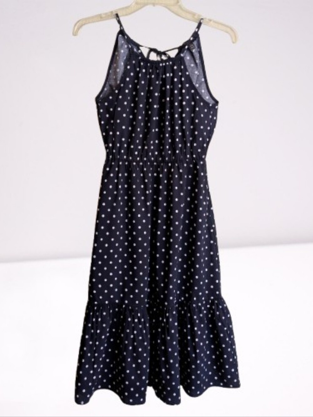 Banana Republic Y2K Navy Blue With White Polka Dots Halter Tiered Dress Cotton